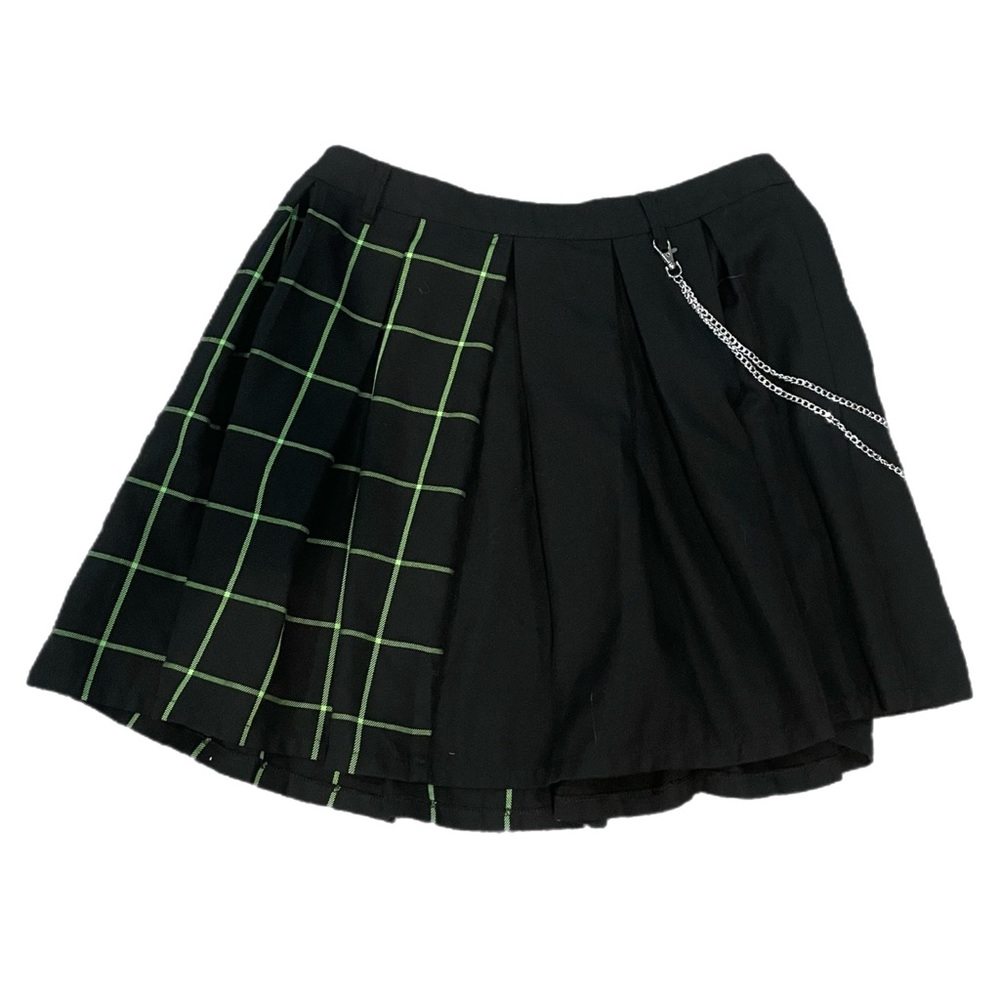 Hot Topic Pleated Mini Green And Black Grid Chain Skirt Goth Punk Emo Alt Size M - Picture 4 of 7